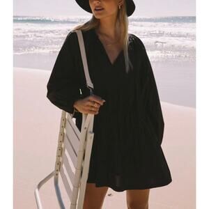 ARAMINTA JAMES Helena Mini Dress XS Black Cotton Poplin Long Sleeve Tie Neck NEW